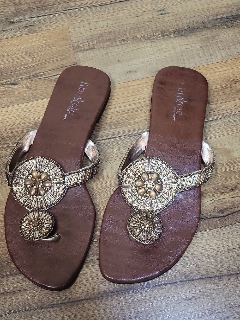 FIBI & CLO New YORK Copper Beaded Medallion Thong Sandals